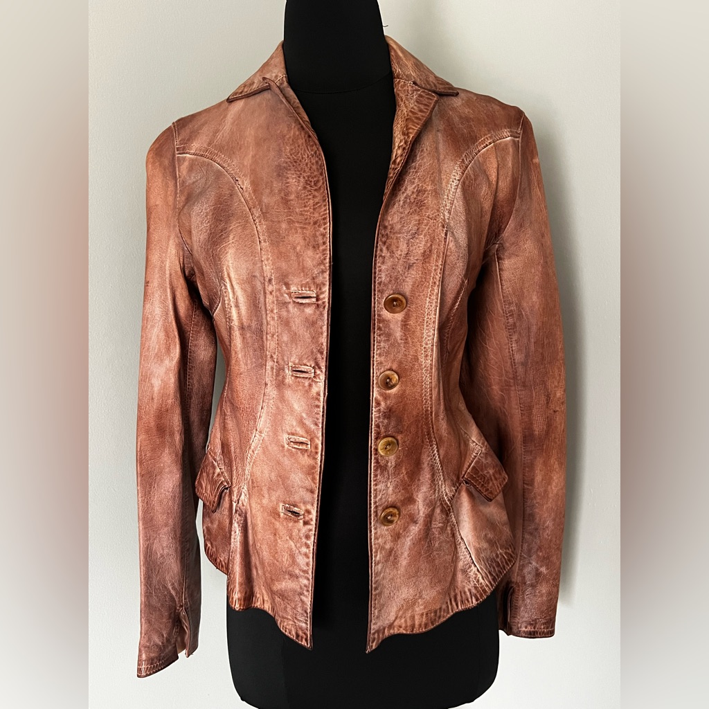 Blur Aged & Distressed Brown Leather Button-Up Blazer Style Jacket Sz 40